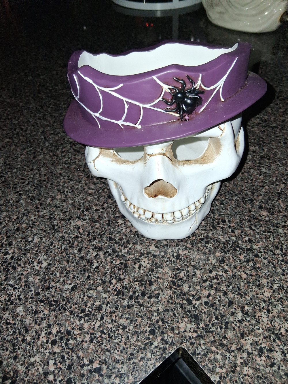 Yankee Candle White Skull Planter with Purple Hat and Black Spider Accent